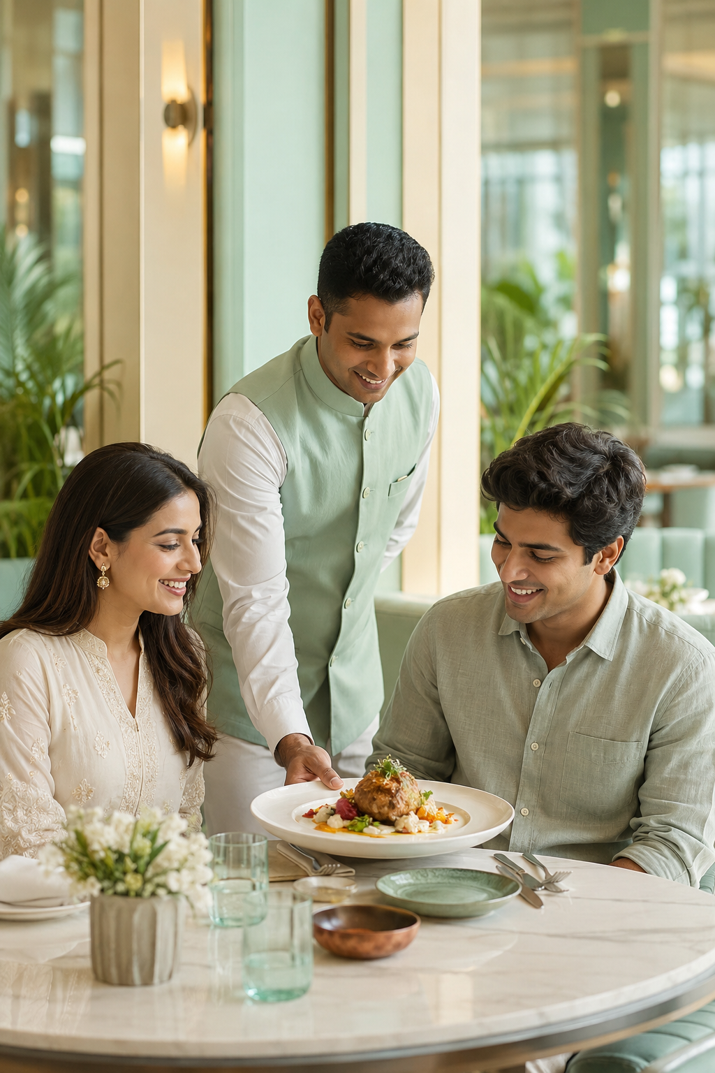 Young Indian guests enjoying thoughtful service in a mint themed Neu restaurant