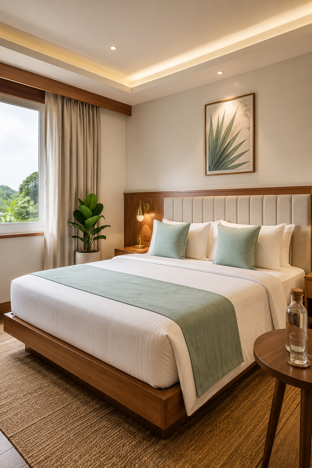 A bright Neu Stays guest room styled in mint and warm natural tones